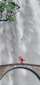 Misty waterfall with a person in red on a stone bridge.