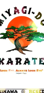 Miyagi-Do Karate logo with bonsai and orange sun background.