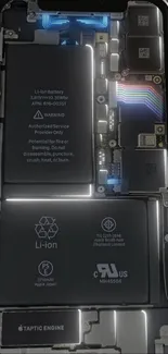 Detailed view of a smartphone's internal electronics and circuitry.