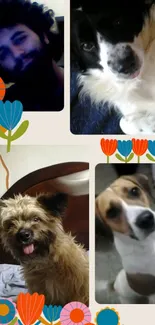 Collage of dogs and flowers on mobile wallpaper.