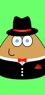 Illustrated character in tuxedo on green background