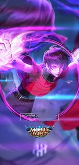 Mobile Legends character with purple energy aura.