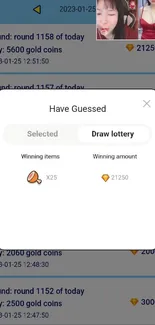 Mobile game lottery interface with winnings displayed.