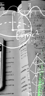 Black and white wallpaper with smartphone and math notes for study focus.