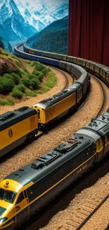 Curved model train in scenic mountain landscape.