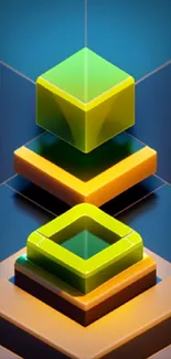 3D geometric wallpaper with neon green and orange cubes on a blue background.