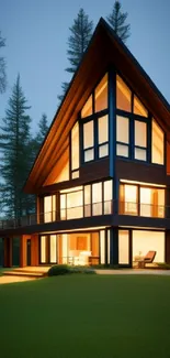 A-frame cabin with warm lighting surrounded by a forest landscape.