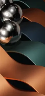 Abstract wallpaper with metallic spheres and dynamic curves.