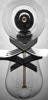 Abstract art wallpaper with light bulb and reflective forks.