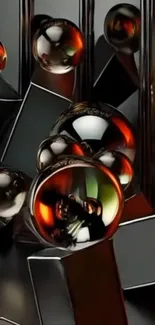 Abstract wallpaper with metallic spheres and reflections.
