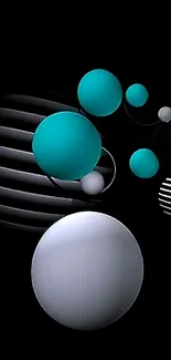 Modern abstract wallpaper with turquoise spheres and dark background.