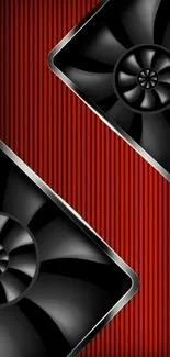 Modern tech wallpaper with dynamic fans on red background.