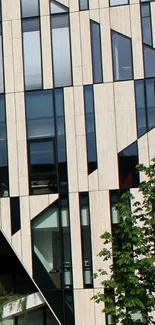 Modern building facade with geometric patterns and sleek vertical lines.