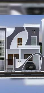 Modern two-story house with unique architecture and gray facade.