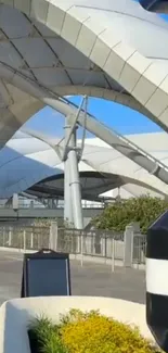 Modern architecture under clear blue sky.