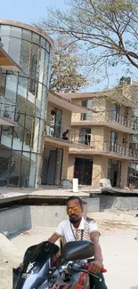 Modern architecture with a motorbike foreground.