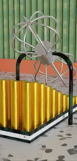 Modern sculpture with geometric elements on wallpaper.