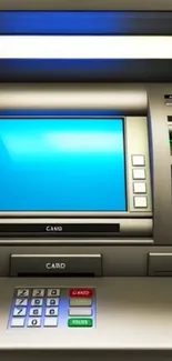 Modern ATM with blue screen wallpaper.
