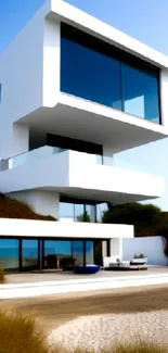 Modern beach house with ocean view in minimalist style, perfect for mobile wallpaper.