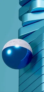 Modern blue abstract art featuring a spherical object and linear shapes.
