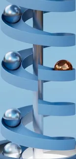 Blue spiral artwork with metallic spheres.