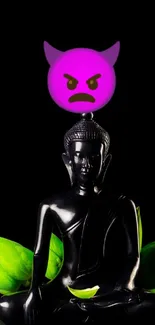 Mobile wallpaper featuring a black Buddha statue with a purple emoji on top.