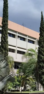 Modern building with tall trees and gray sky background.