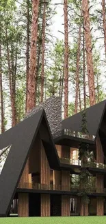 A modern, triangular cabin set amidst tall pine trees.