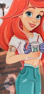 Stylish cartoon character with orange hair in a beach setting.