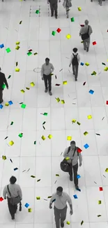 People walking with colorful confetti in a modern urban setting.