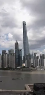Skyline view with skyscrapers and cloudy sky.