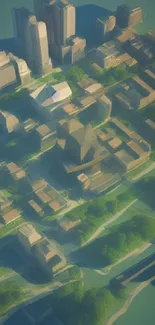 Aerial view of a modern cityscape with green spaces and tall buildings.