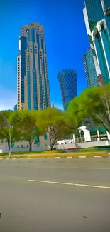 Modern cityscape with skyscrapers and green trees on a sunny day.