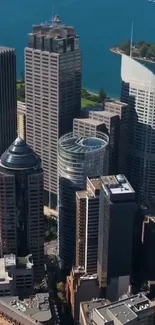 Aerial view of a cityscape with modern skyscrapers and blue skies.