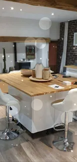 Cozy kitchen wallpaper with wooden island and bar stools.