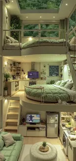 Modern loft with cozy and stylish interior design, featuring green accents.