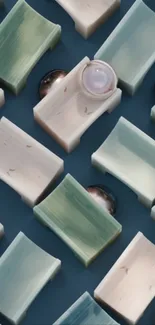 Abstract geometric wallpaper with stones and shapes on a blue background.