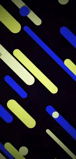 Modern geometric wallpaper with blue and yellow lines on a dark background.