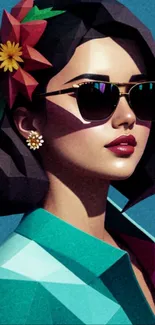 Geometric art of a stylish woman with sunglasses and floral accessory.