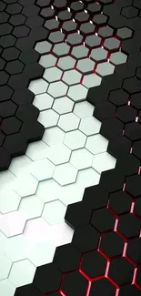 Black and white hexagonal wallpaper with red accents for mobile devices.