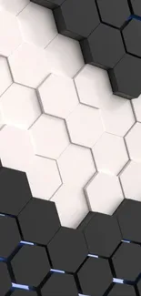 3D hexagonal pattern wallpaper in black and white tones.