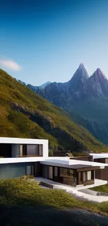 Modern house on green hillside with mountain view.