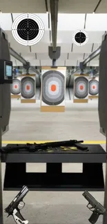 Modern indoor shooting range with targets and firearms setup.