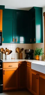 Vibrant kitchen with orange and teal cabinets, modern appliances.