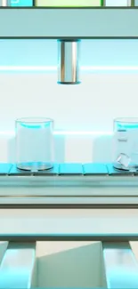 Sleek modern kitchen faucet with blue lighting and glass cups.