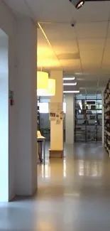 Modern library interior with shelving and warm lighting.