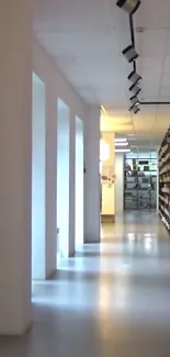 Modern library hallway with books and natural light.