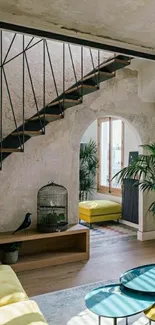 Loft interior with rustic staircase and plants.