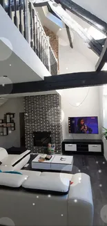 Modern loft living room with white furniture and exposed beams.