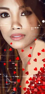 Modern digital art wallpaper featuring a woman's face with red hearts and tech elements.